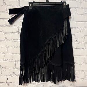 Vintage Black Leather Suede Fringe Wrap Skirt Size Small Western Boho Cowgirl